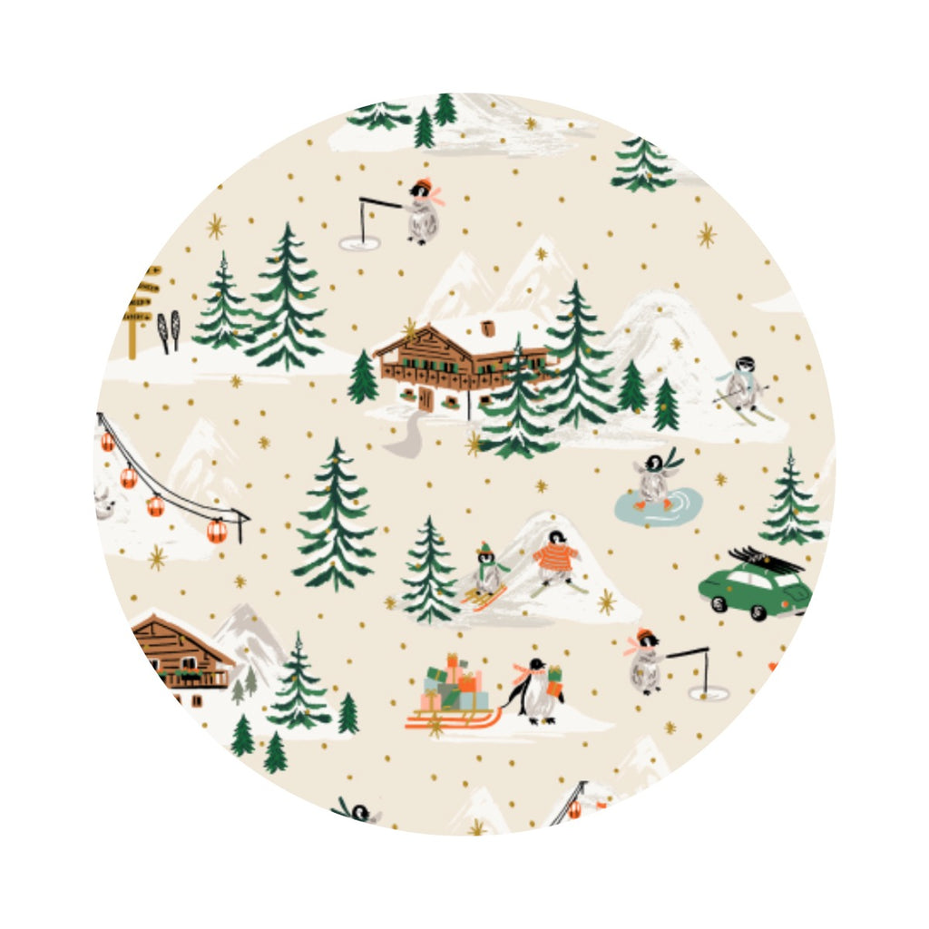 Penguin Village in Cream and Gold Metallic Cotton - Holiday Classics IV by Rifle Paper Co. - Cotton + Steel Fabrics