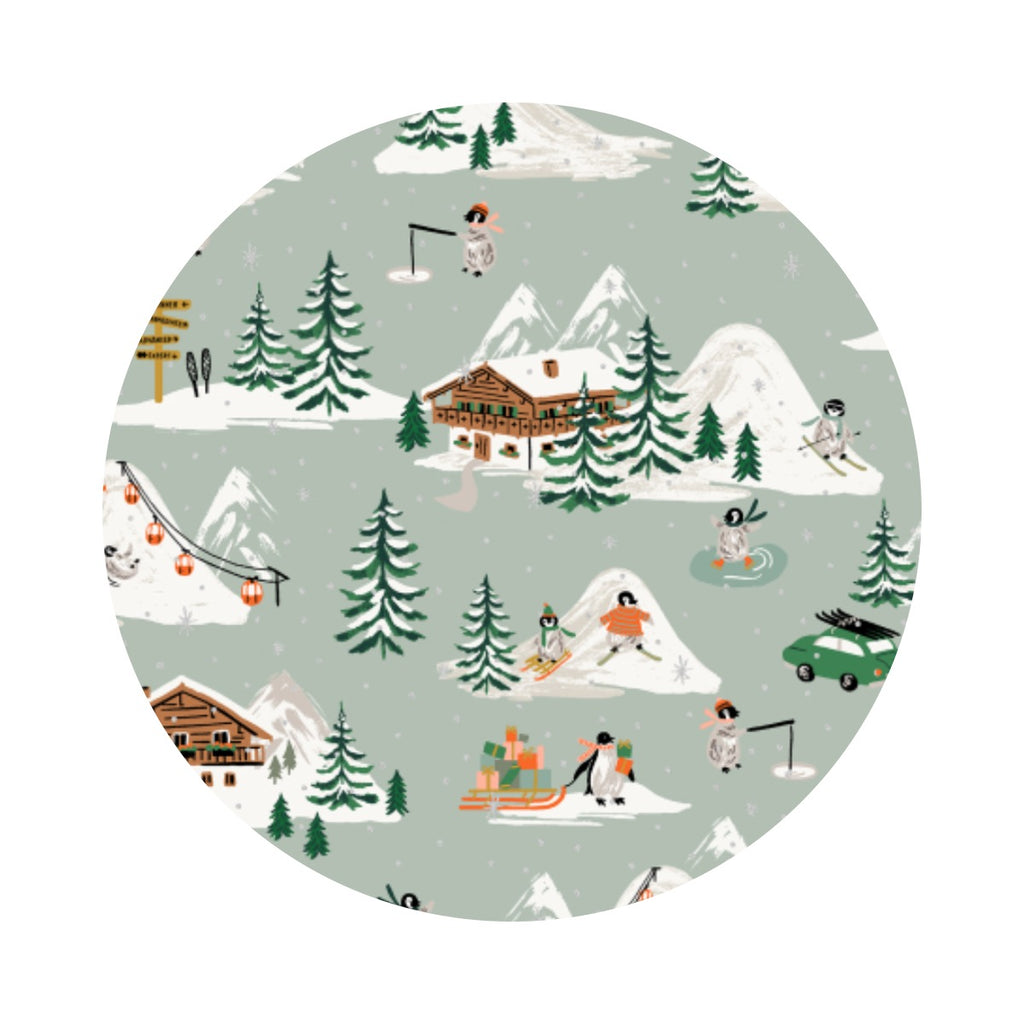 Penguin Village in Mint and Gold Metallic Cotton - Holiday Classics IV by Rifle Paper Co. - Cotton + Steel Fabrics