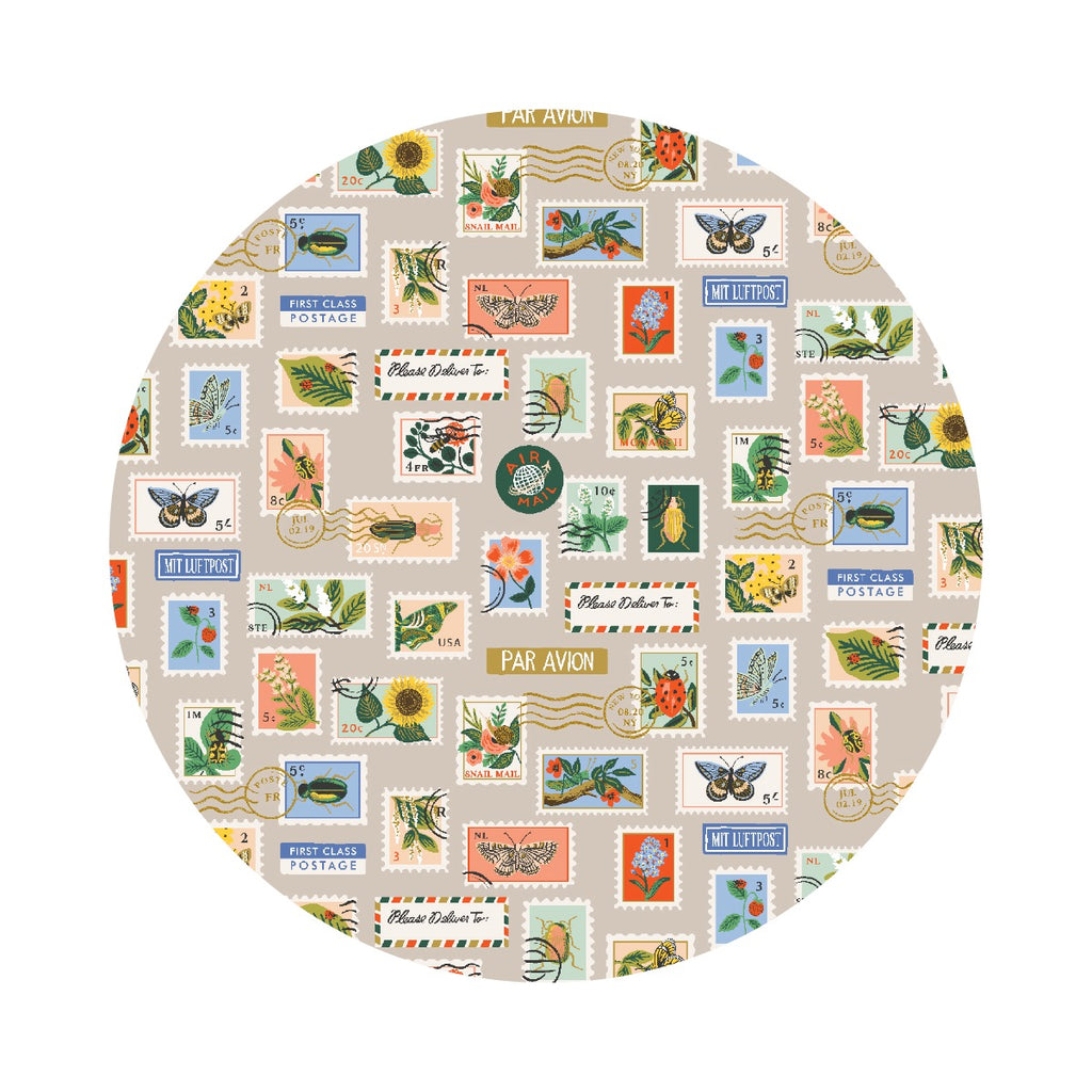 Re-stock! - Botanical Postage Stamps in Khaki Metallic - Curio by Rifle Paper Co. - Cotton + Steel Fabrics