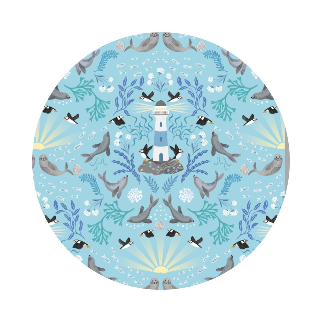 2 meters left! - Lighthouse on Light Blue - Puffin Rock Collection - Lewis & Irene Fabrics