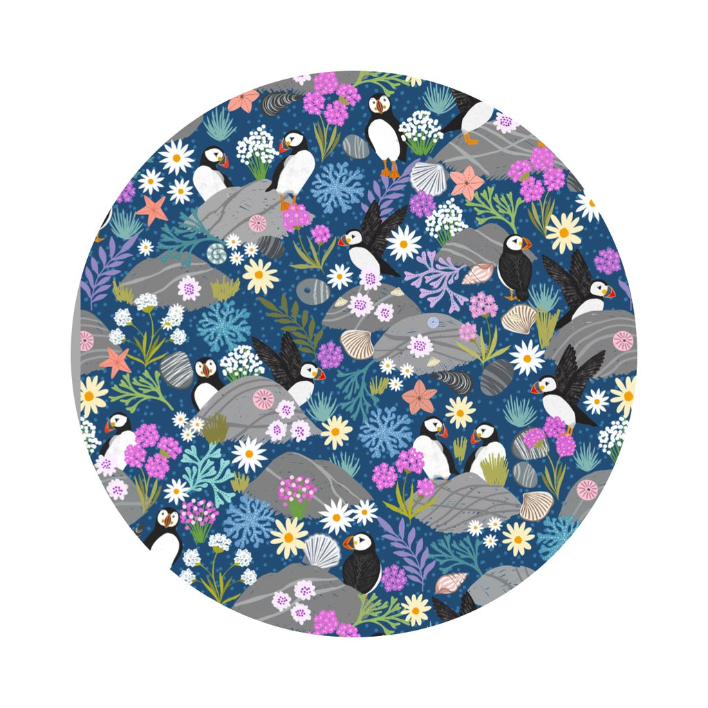1.5 meters left! - Puffins on Dark Blue - Puffin Rock Collection - Lewis & Irene Fabrics