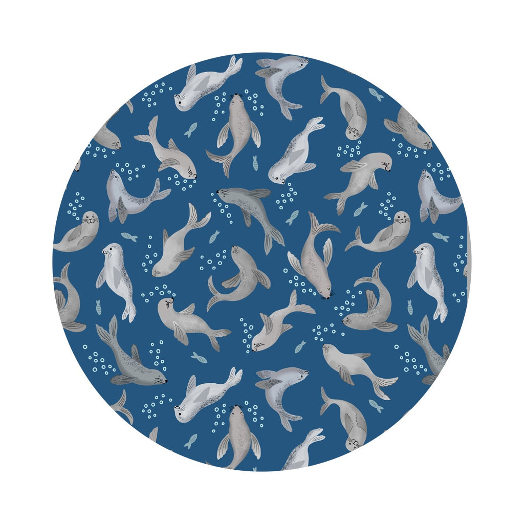 2 meters left! - Seal Bubble on Dark Blue - Puffin Rock Collection - Lewis & Irene Fabrics