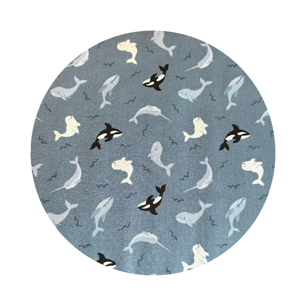 Whales on Dark Ocean with Pearl - Small Things Polar Animals Collection - Lewis & Irene Fabrics