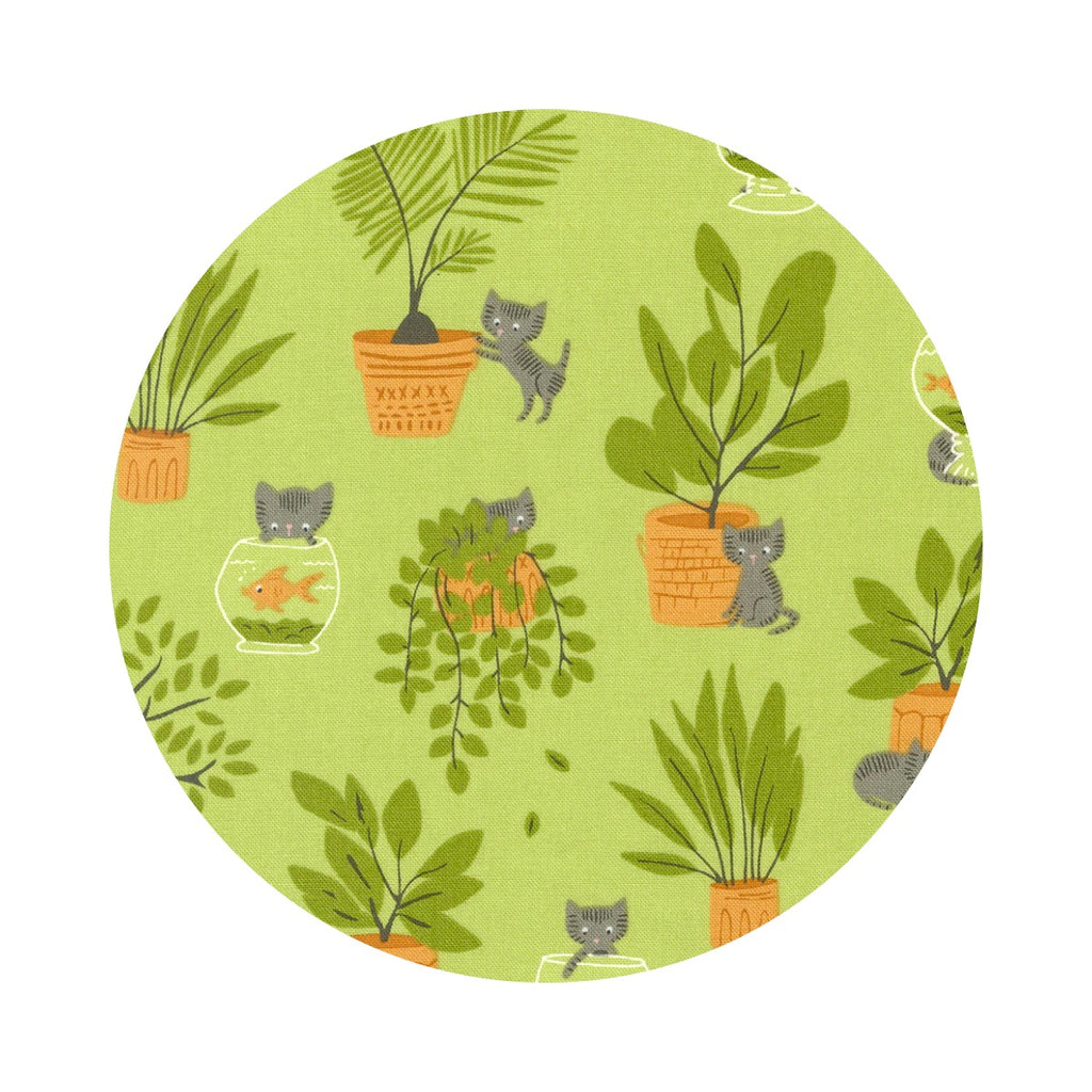 3.5 meters left! - Mischievous Kitty in Pistacio - Here Kitty Kitty Collection - Moda Fabrics