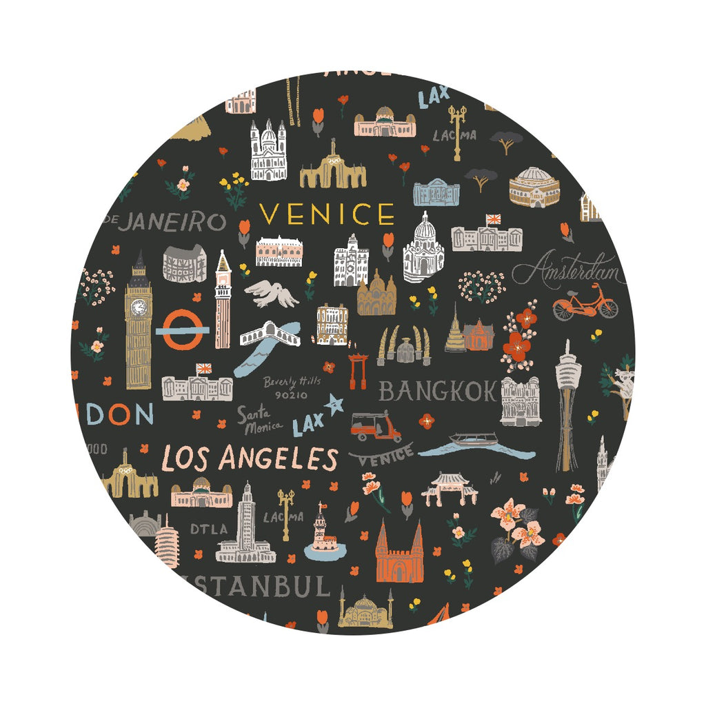 4 meters left! - World Traveller in Black Cotton - Bon Voyage Collection by Rifle Paper Co. - Cotton + Steel Fabrics