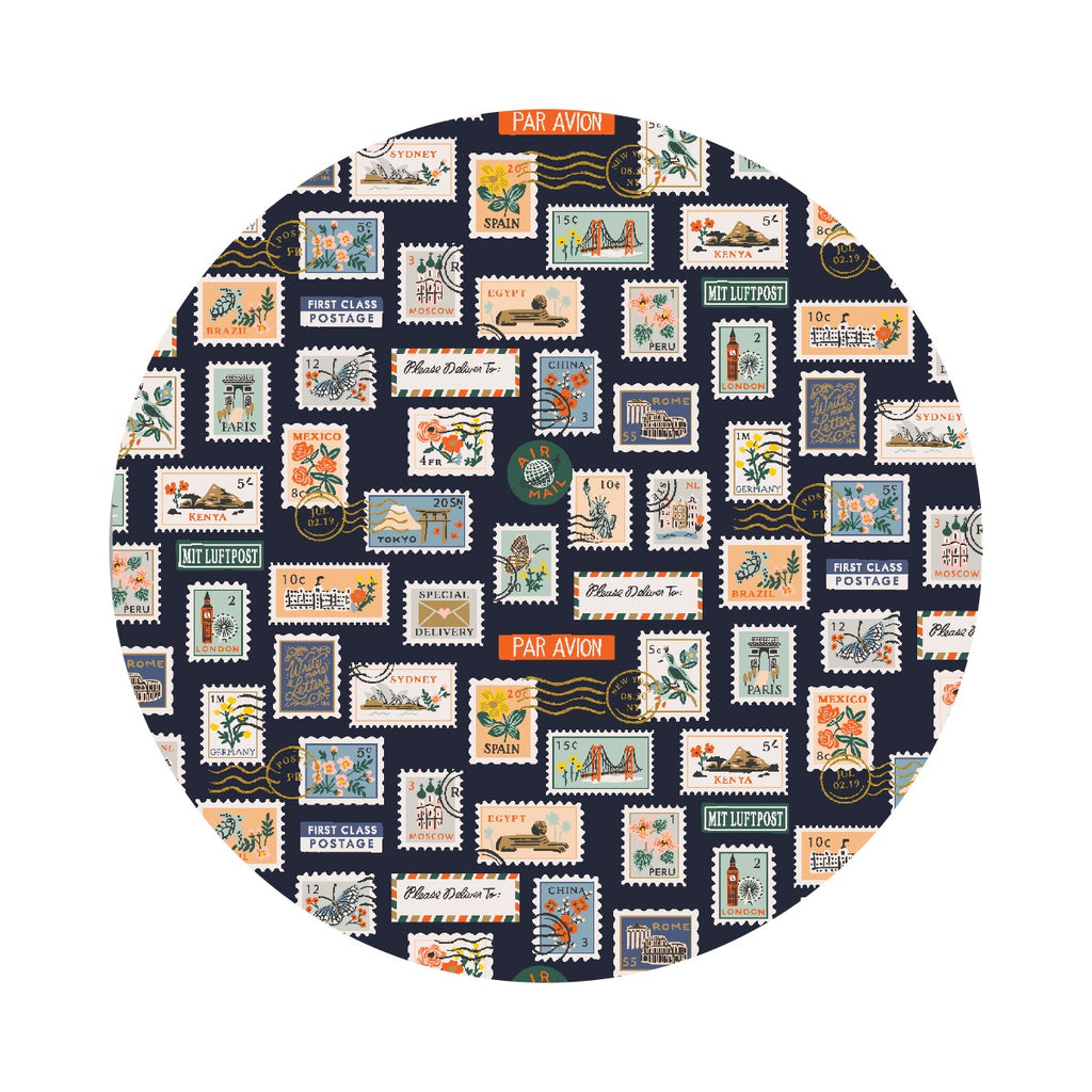 Postage Stamps in Navy Cotton with Metallic - Bon Voyage Collection by Rifle Paper Co. - Cotton + Steel Fabrics