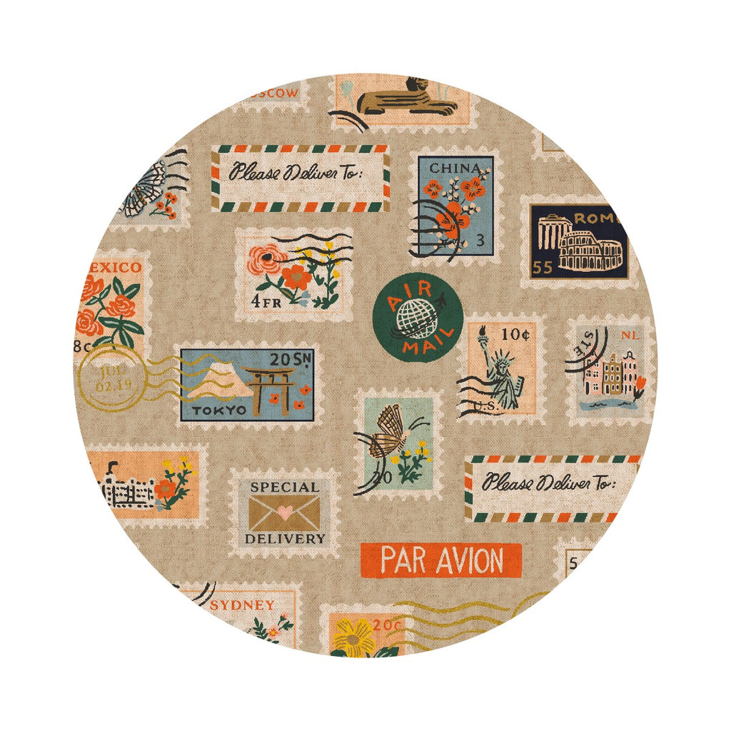 Postage Stamps in Natural Unbleached Canvas with Metallic - Bon Voyage Collection by Rifle Paper Co. - Cotton + Steel Fabrics