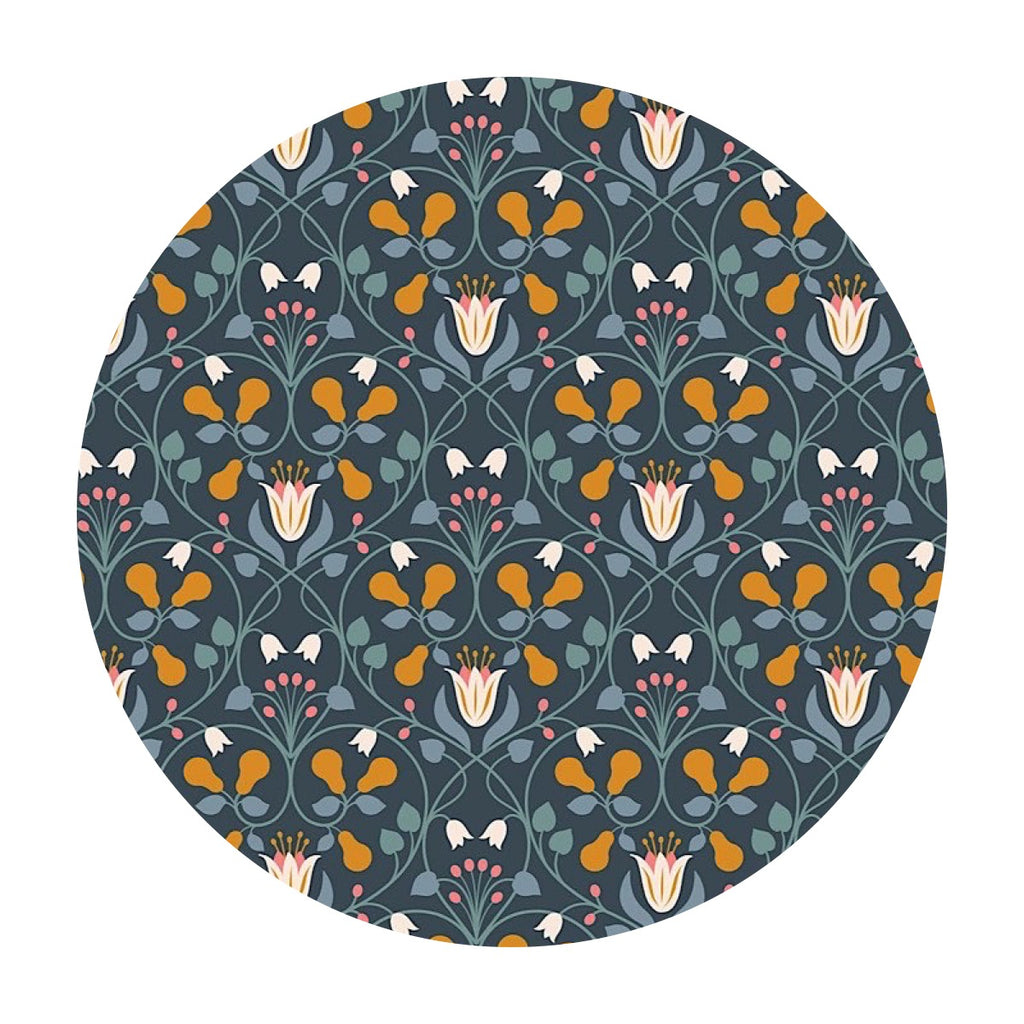 1.5 meters left! - Floral Pears with Copper Metallic on Dark Blue - Wintertide Collection - Lewis & Irene Fabrics