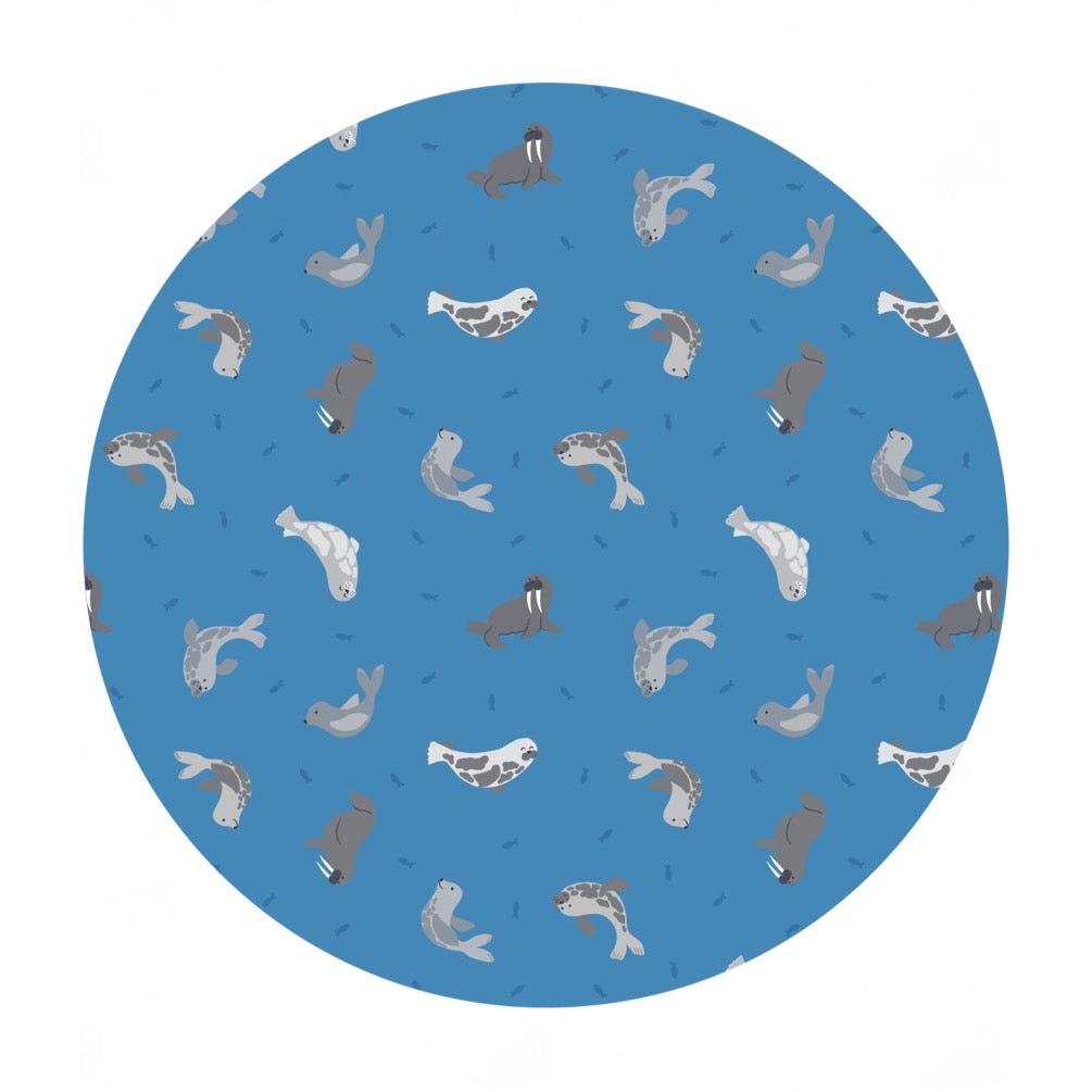 3 meters left! - Seals on Surf Blue with Pearl - Small Things Polar Animals Collection - Lewis & Irene Fabrics