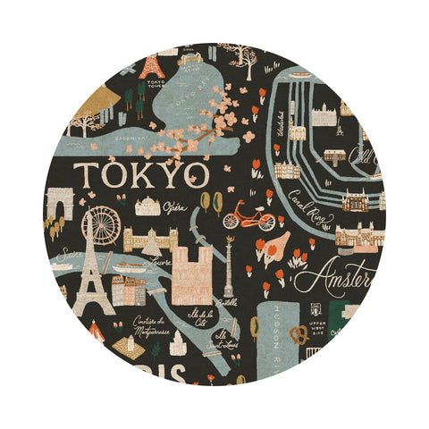 2 meters left! - City Guide in Black Unbleached Canvas - Bon Voyage Collection by Rifle Paper Co. - Cotton + Steel Fabrics