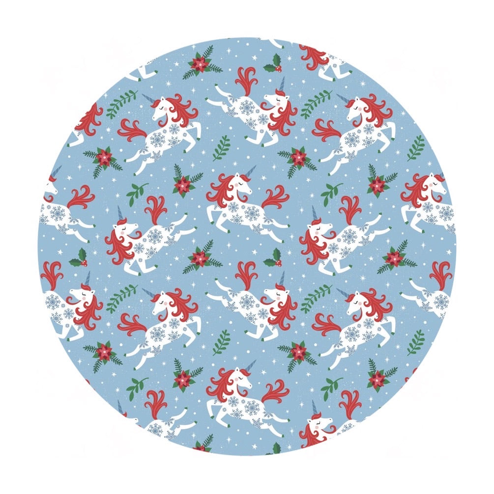 3 meters left! - Holiday Unicorns in Blue - It's Always Unicorn Season Collection - Camelot Fabrics