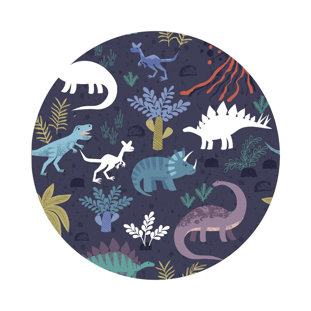 .5 meters left! - Volcano & Dinos with Glow in the Dark on Soft Indigo - Dino Glow Collection - Lewis & Irene Fabrics