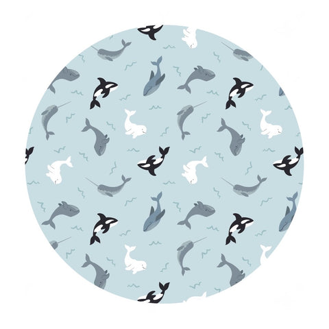 Whales on Icy Blue with Pearl - Small Things Polar Animals Collection - Lewis & Irene Fabrics