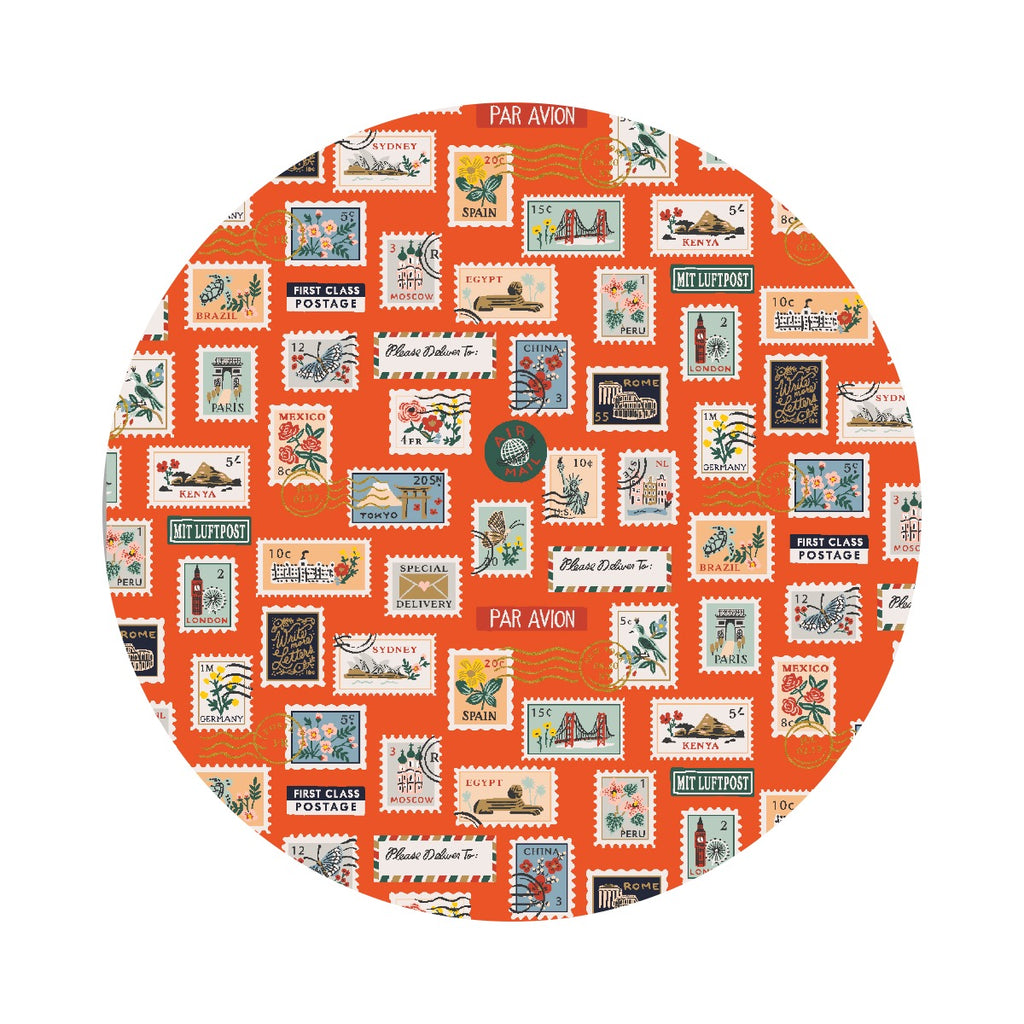 Postage Stamps in Orange Red Cotton with Metallic - Bon Voyage Collection by Rifle Paper Co. - Cotton + Steel Fabrics