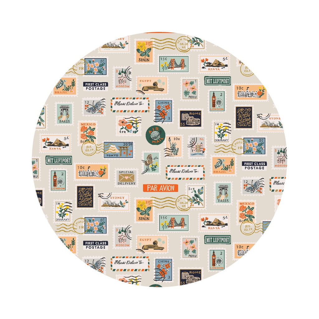 .5 meters left! - Postage Stamps in Flax Cotton with Metallic - Bon Voyage Collection by Rifle Paper Co. - Cotton + Steel Fabrics