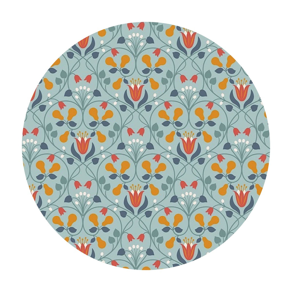 1.5 meters left! - Floral Pears with Copper Metallic on Light Blue - Wintertide Collection - Lewis & Irene Fabrics