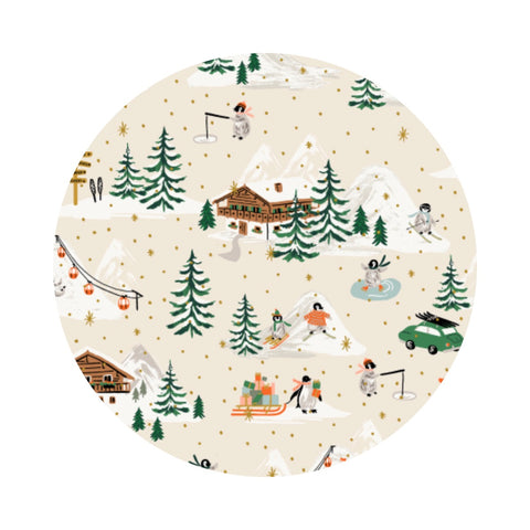 Penguin Village in Cream and Gold Metallic Cotton - Holiday Classics IV by Rifle Paper Co. - Cotton + Steel Fabrics