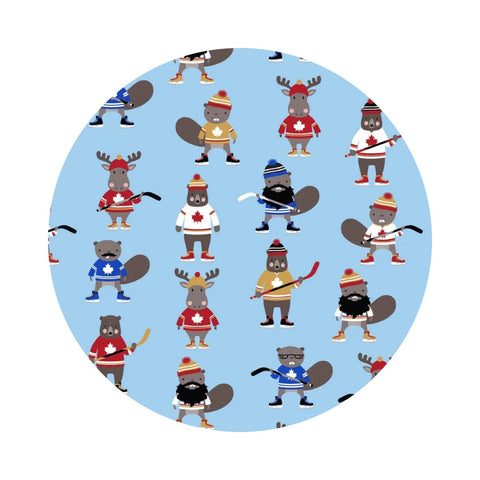 Critters Playing Hockey in Blue - Purely Canadian EH : Under the Northern Lights Collection - Robert Kaufman Fabrics