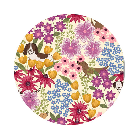 Dogs in Flowers on Cream - Paws and Claws Collection - Lewis & Irene Fabrics
