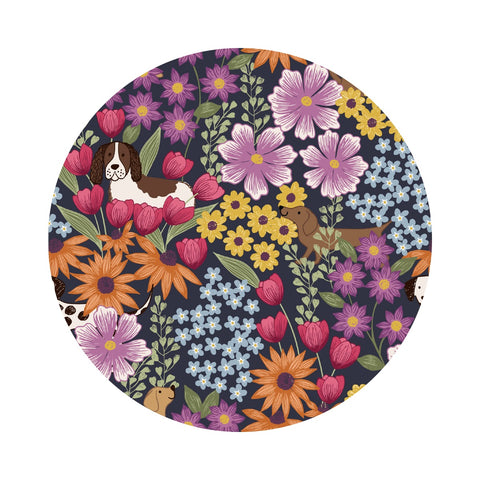 Dogs in Flowers on Dark Blue - Paws and Claws Collection - Lewis & Irene Fabrics