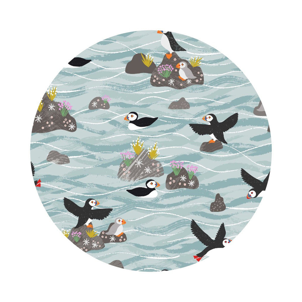 3 meters left! - Puffins on Rocks in Light Blue - Puffin Bay Collection - Lewis & Irene Fabrics
