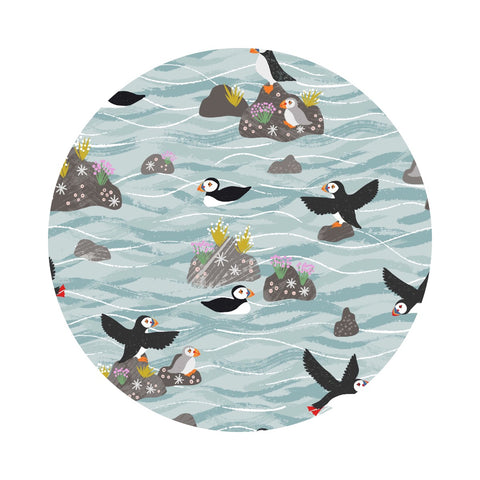 1 meter left! - Puffins on Rocks in Light Blue - Puffin Bay Collection - Lewis & Irene Fabrics