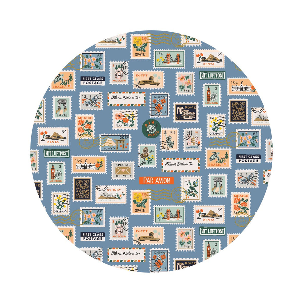 Postage Stamps in Blue Cotton with Metallic - Bon Voyage Collection by Rifle Paper Co. - Cotton + Steel Fabrics