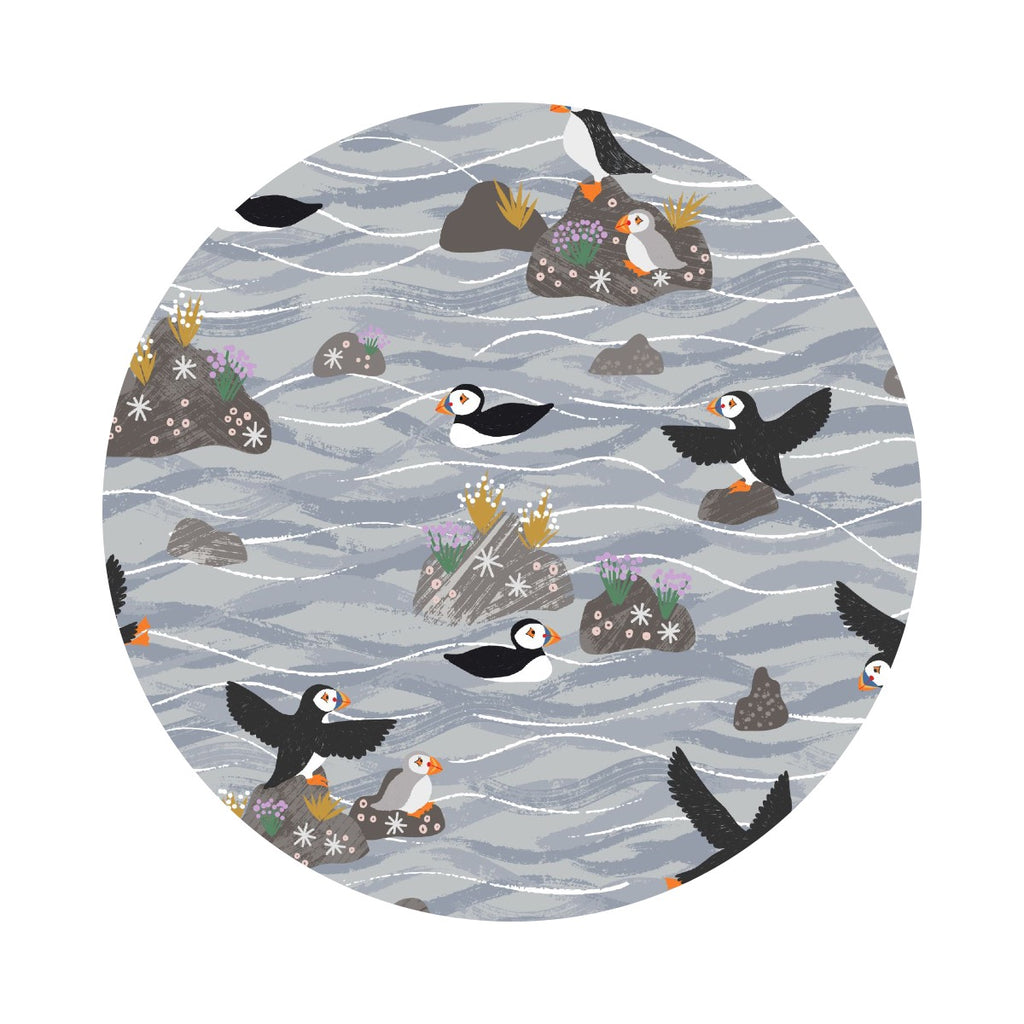 Puffins on Rocks in Gray - Puffin Bay Collection - Lewis & Irene Fabrics