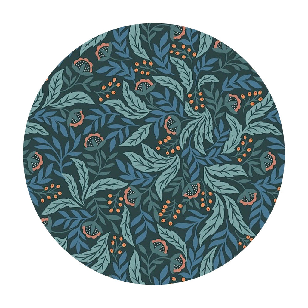 2 meters left! - Arts & Crafts Floral with Copper Metallic on Dark Blue - Wintertide Collection - Lewis & Irene Fabrics