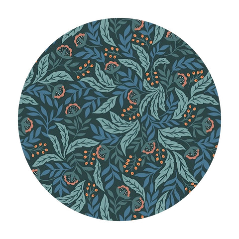 3 meters left! - Arts & Crafts Floral with Copper Metallic on Dark Blue - Wintertide Collection - Lewis & Irene Fabrics