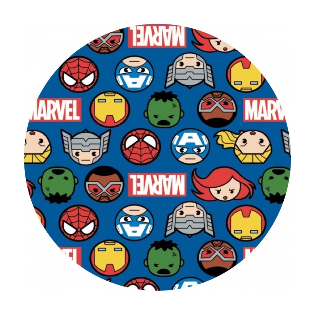 Faces & Logos in Blue -  Marvel Kawaii 2 Collection - Camelot Fabrics