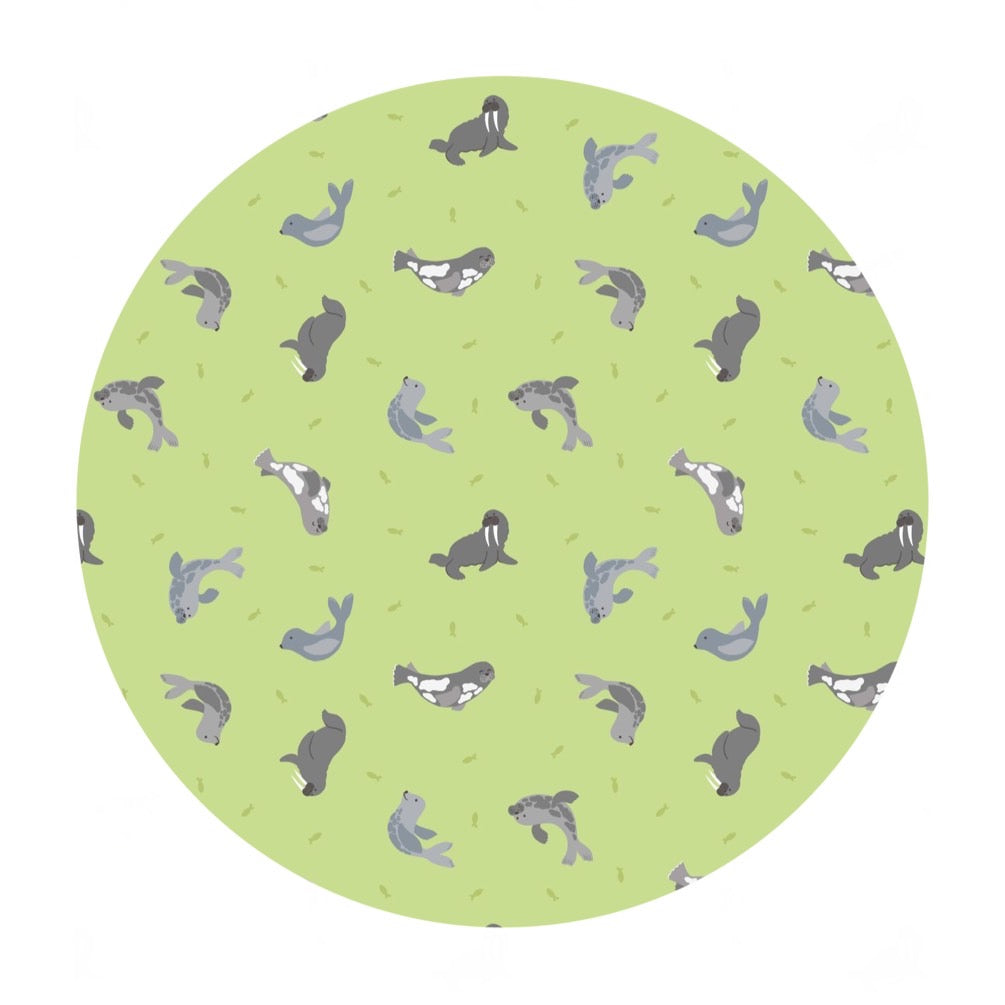 Seals on Iced Lime with Pearl - Small Things Polar Animals Collection - Lewis & Irene Fabrics
