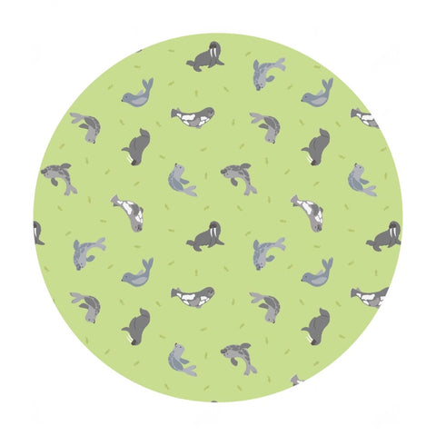 Seals on Iced Lime with Pearl - Small Things Polar Animals Collection - Lewis & Irene Fabrics
