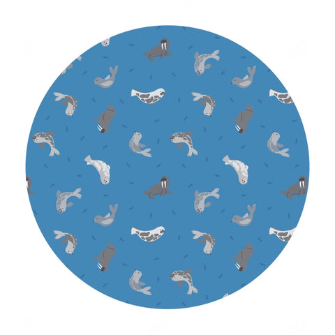 3.5 meters left! - Seals on Surf Blue with Pearl - Small Things Polar Animals Collection - Lewis & Irene Fabrics