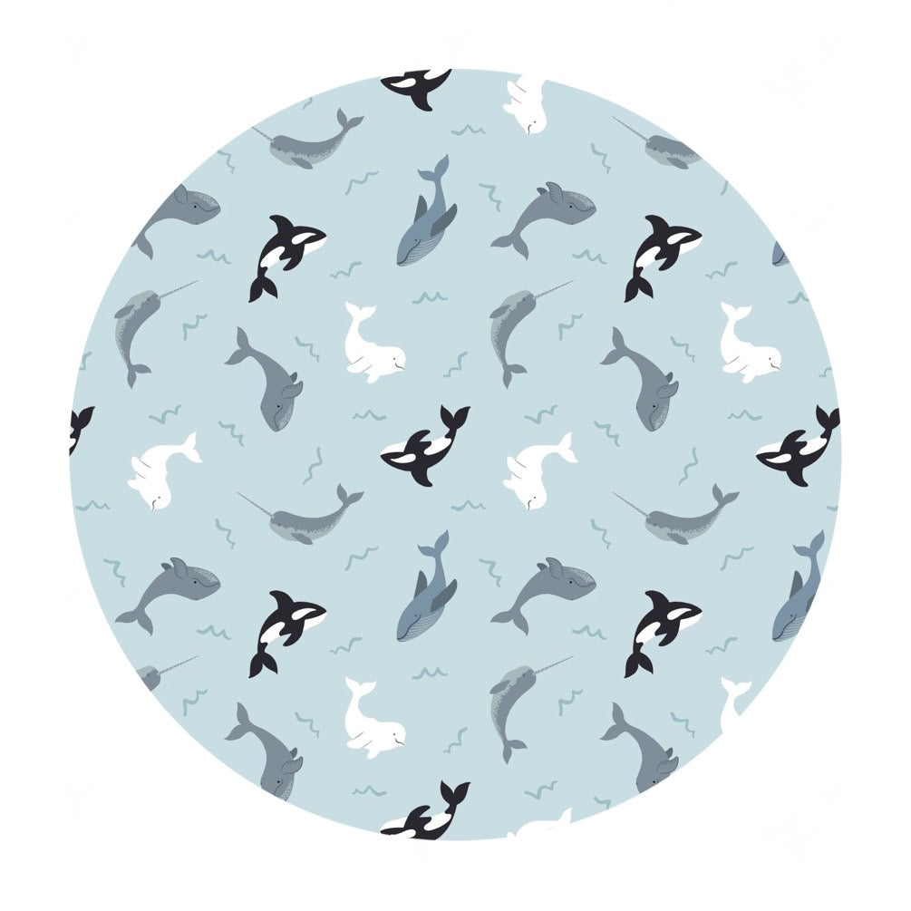 Whales on Icy Blue with Pearl - Small Things Polar Animals Collection - Lewis & Irene Fabrics