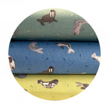 3.5 meters left! - Seals on Surf Blue with Pearl - Small Things Polar Animals Collection - Lewis & Irene Fabrics